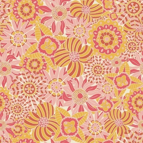 Retro Coral and Pink Floral Garden