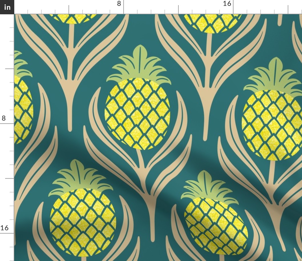 (L)  Tropical art deco welcome pineapples emerald, beige and yellow