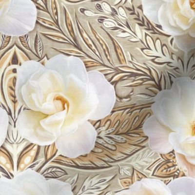 Boho Romantic Scattered White Roses on Tan medium