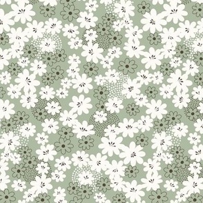 Iona Floral: Sage Green & Cream Flower Ditsy, Toss, Scatter