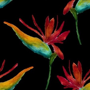 Bird of Paradise Flower / Orange Black Green Teal / Watercolor