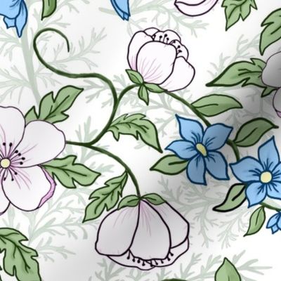 Romantic Appleblossoms and Blue Flowers  on Vines Over Pale Sage Ferns