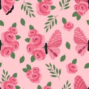 butterfly and flowers on pink background