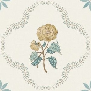 Rose in Quatrefoil Frame of leaves - 6 inch repeat