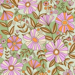Vibrant Floral Retro Blooms in lilac and pastel green - Small scale