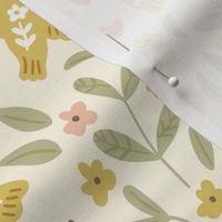 Romantic Scandinavian birds, florals, hearts // yellow,  pink, cream, sage green, brown