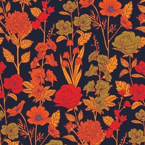 Dark Red, Orange, Green & Navy Floral