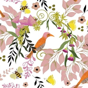 Floral with bird, leaves, flowers, butterflies on a white background