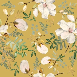 Large Mustard Yellow Gold Floral White Green / Watercolor