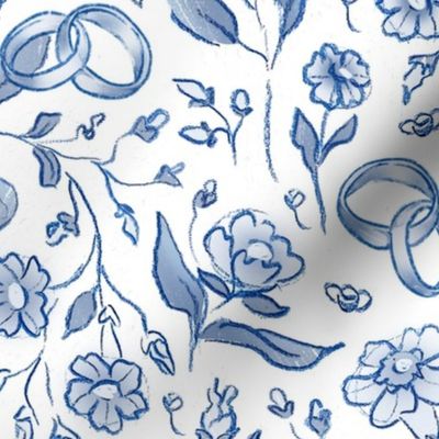 Blue florals Chinese plates inspired with wedding rings (wallpaper large size version)