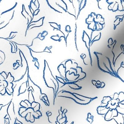 Blue florals pencil lineart Chinese plates inspired (wallpaper large size version)