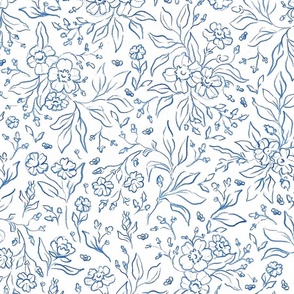 Blue florals pencil lineart Chinese plates inspired (medium size version)