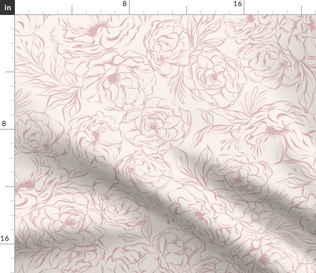 Romantic Lush Peony Blooms - sketched blush pink and cream - large