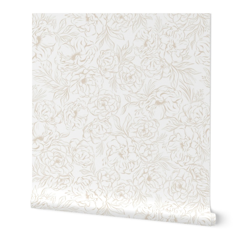 Romantic Lush Peony Blooms - sketched beige and white - large