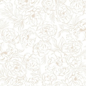 Romantic Lush Peony Blooms - sketched beige and white - large