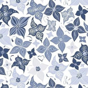 Dogwood Tree Flower Dance,, blue, grays, on white, Medium scale