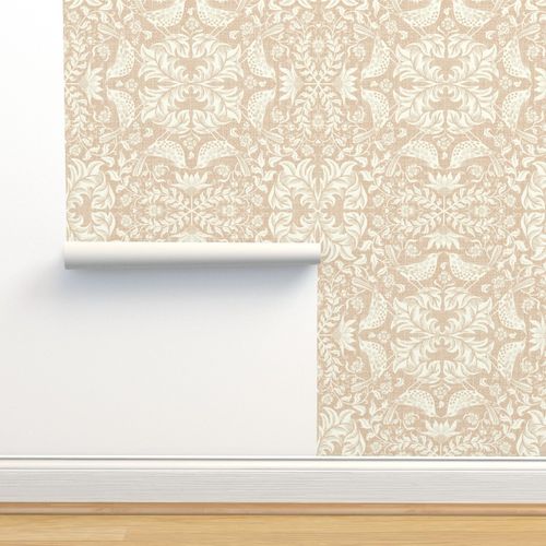 Victorian damask with kissing birds- ivory on textured pale peachy beige - large scale /18" fabric // 24" wallpaper