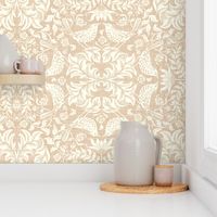 Victorian damask with kissing birds- ivory on textured pale peachy beige - large scale /18" fabric // 24" wallpaper