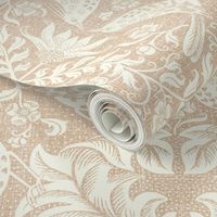 Victorian damask with kissing birds- ivory on textured pale peachy beige - large scale /18" fabric // 24" wallpaper