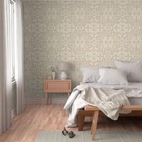 Victorian damask with kissing birds- ivory on textured pale peachy beige - large scale /18" fabric // 24" wallpaper