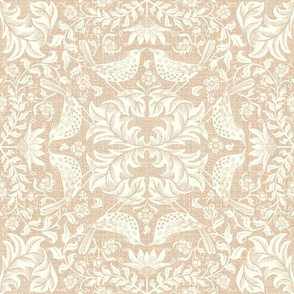 Victorian damask with kissing birds- ivory on textured pale peachy beige - large scale /18" fabric // 24" wallpaper