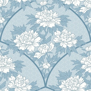 Art Deco Peony Floral Bouquet Soft Blue Grey Palette