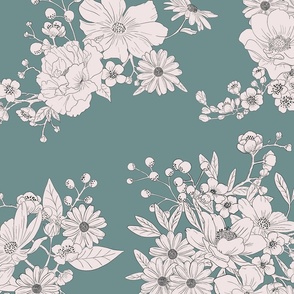 Boho Wedding Floral - Benjamin Moore Fort Pierce Green and off white - extra large - line drawing flowers