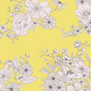 Boho Wedding Floral - Buttercup yellow and off white -  extra large - line drawing flowers