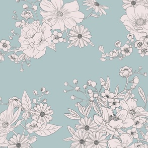 Boho Wedding Floral - Cloudy Coastal Blue and off white - extra large - line drawing flowers