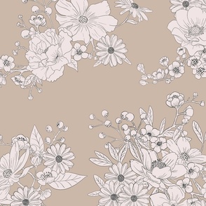 Boho Wedding Floral - Coastal Beige and off white - extra large - line drawing flowers