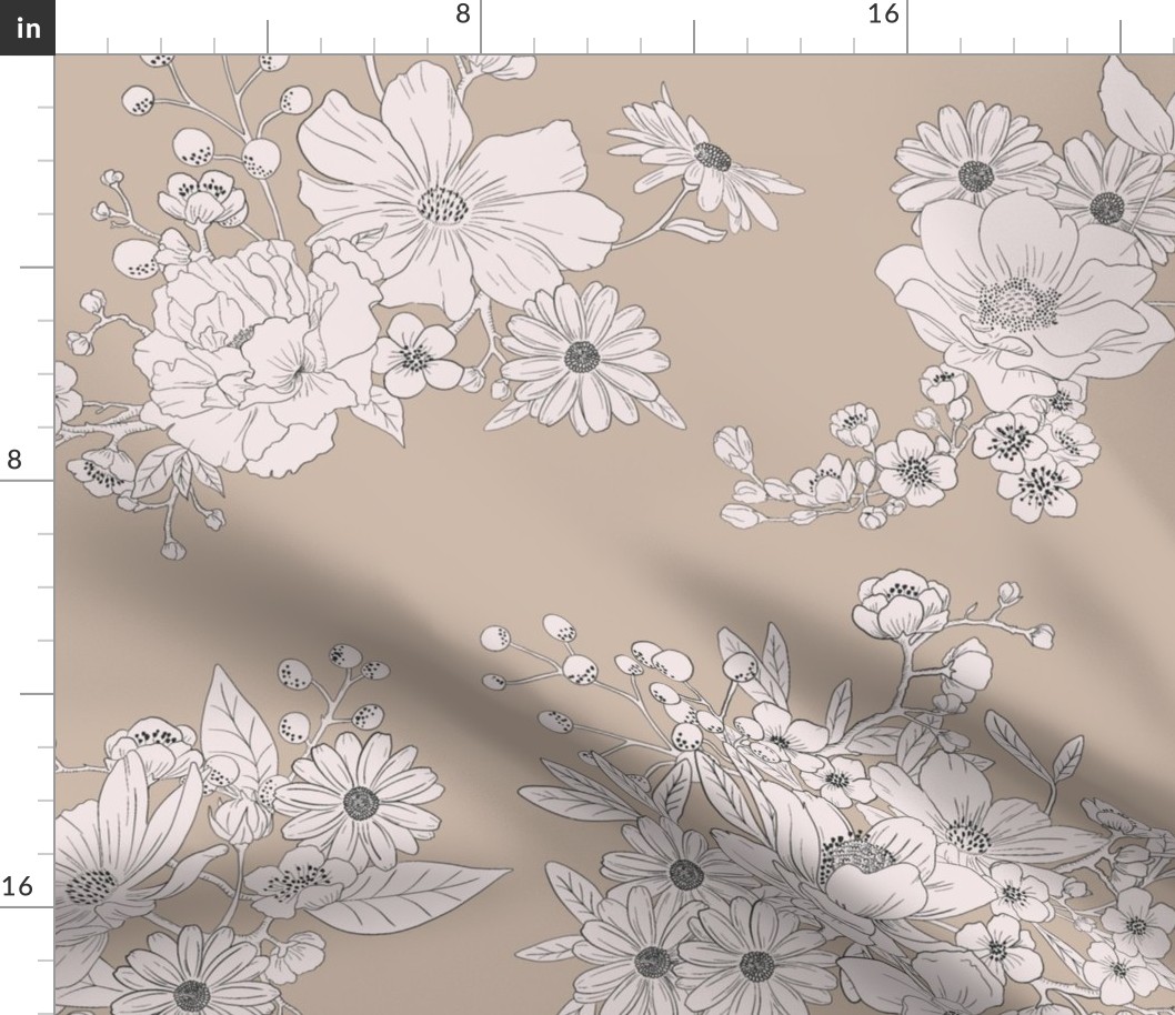 Boho Wedding Floral - Coastal Beige and off white - extra large - line drawing flowers