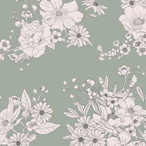 Boho Wedding Floral - Duron Coastal Plain Green and off white - extra large - line drawing flowers