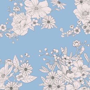 Boho Wedding Floral - Pantone TCX Clear Sky Blue and off white - extra large - line drawing flowers