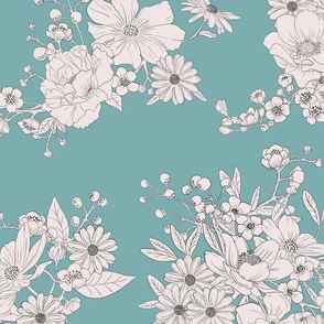 Boho Wedding Floral - Soft Teal and off white - extra large - line drawing flowers