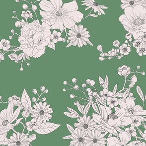 Boho Wedding Floral - Woodland Green and off white - extra large - line drawing flowers