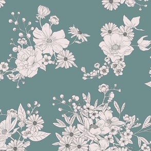 Boho Wedding Floral - Benjamin Moore Fort Pierce Green and off white - large - line drawing flowers