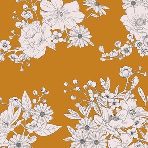 Wedding Floral - Desert Sun (dark yellow) and off white - extra large - line drawing flowers