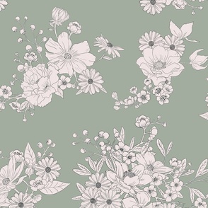 Boho Wedding Floral - Duron Coastal Plain Green and off white - large - line drawing flowers