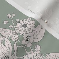 Boho Wedding Floral - Duron Coastal Plain Green and off white - small - line drawing flowers
