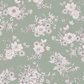 Boho Wedding Floral - Duron Coastal Plain Green and off white - small - line drawing flowers