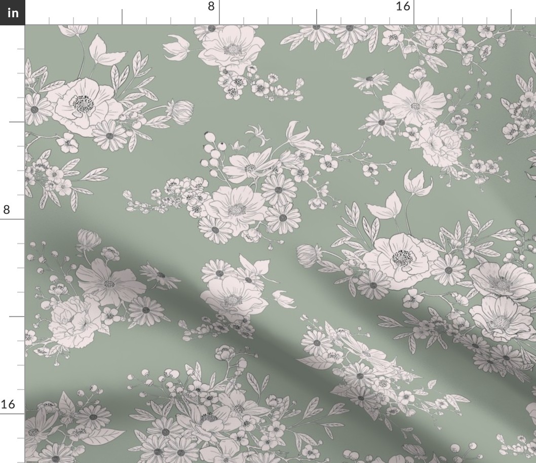 Boho Wedding Floral - Duron Coastal Plain Green and off white - small - line drawing flowers