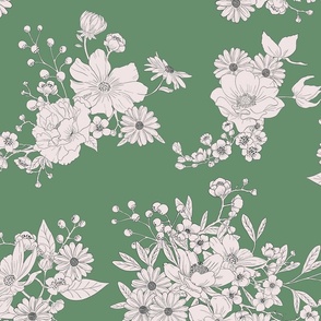 Boho Wedding Floral - Woodland Green and off white - large - line drawing flowers
