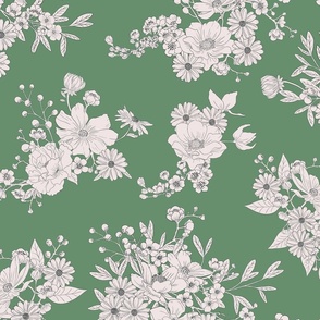 Boho Wedding Floral - Woodland Green and off white - medium - line drawing flowers