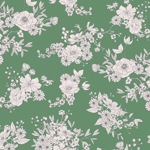 Boho Wedding Floral - Woodland Green and off white - small - line drawing flowers