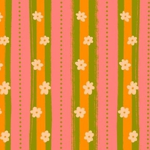 Retro Daisy Stripes - Green, Pink and Orange