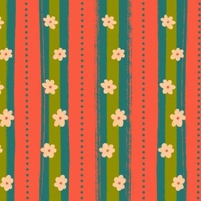 Retro Daisy Stripes - Green and Coral