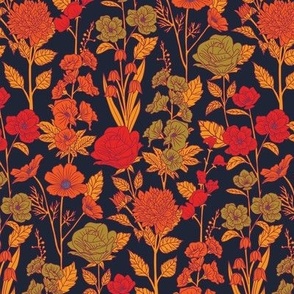 Small-Scale Dark Red, Orange, Green & Navy Floral