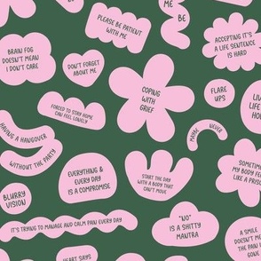 Fibromyalgia sucks and chronic illness is shitty too - thoughts and feelings text design pink on pine green