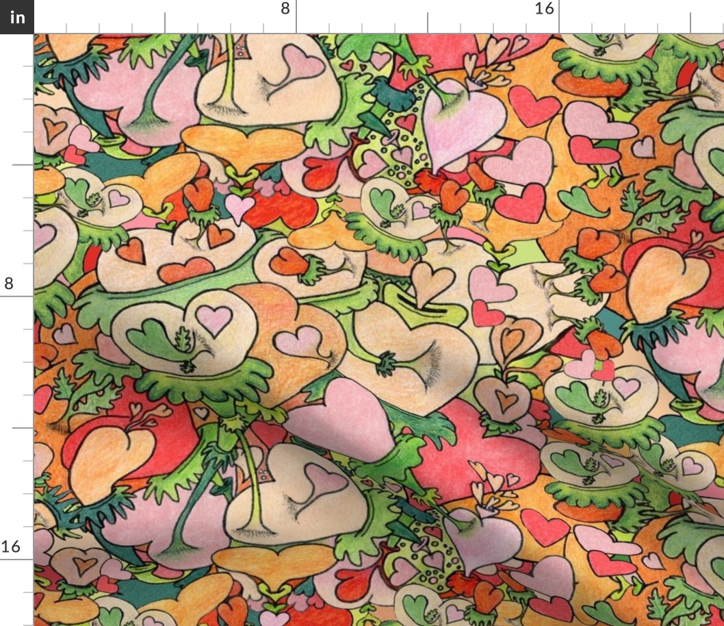 quirky heart flowers wedding linens, large scale, coral pink green red peach lime orange rose warm colors floral warm bright colors colorful boho bohemian hippie
