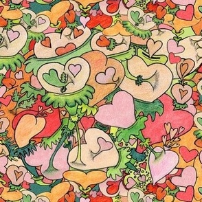 quirky heart flowers wedding linens, small scale, coral pink green red peach lime orange rose warm colors floral warm bright colors colorful boho bohemian hippie